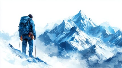 Backpacked mountain climber admires the beauty of snow-capped peaks at dawn in a serene landscape