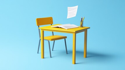 Yellow desk, chair, book, pencils, blue background, education concept