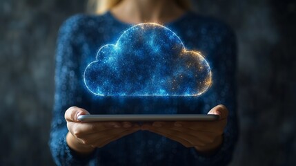 Businessman engages in digital transformation with tablet and cloud technology in modern workspace