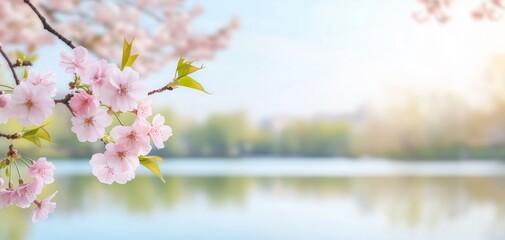 Cherry blossoms bloom gracefully by a tranquil lake creating a serene atmosphere in the early morning light
