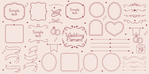 Wedding element set. Love theme simple doodle illustration for design. Wedding elements, hearts, romantic icons. Love clipart, arrows, text, rings, letters, sweets.