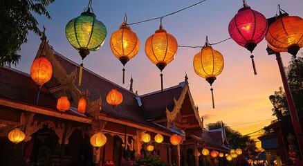 Obraz premium A traditional Thai temple surrounded by colorful lanterns during the Lanna festival