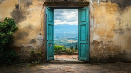 A Turquoise Doorway Unveiling a Breathtaking Mountainous Landscape: Serenity and Opportunity Await