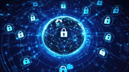 Obraz premium Global Cybersecurity: A Network of Blue-lit Padlocks Protecting a Digital Earth
