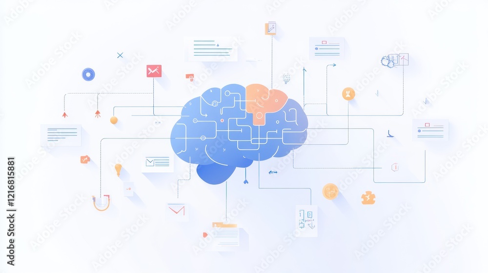 Poster abstract brain illustration showing connections and data processing.