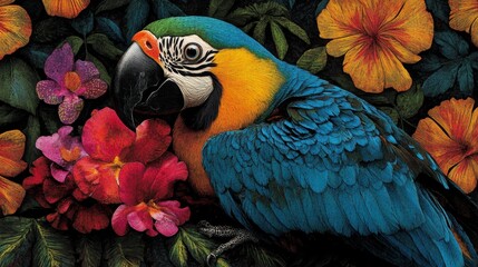 Obraz premium Vibrant Blue-and-Gold Macaw Amidst a Lush Floral Display