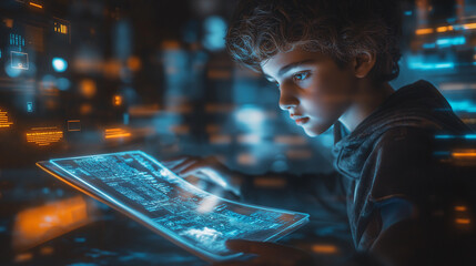 A tech-savvy student using a floating holographic textbook in a digital classroom with futuristic desks and screens