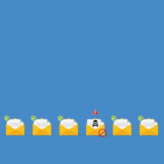 Email / envelope with black document and skull icon. Virus, malware, email fraud, e-mail spam, phishing scam, hacker attack concept. Vector illustration	