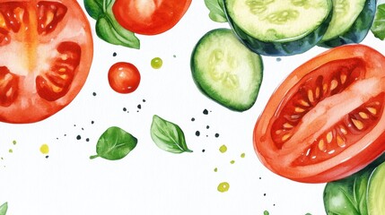 Vibrant Watercolor Painting of Fresh Tomatoes, Cucumbers, and Basil