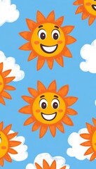 Seamless pattern, cartoon smiling suns, fluffy white clouds, blue sky, happy summer background.
