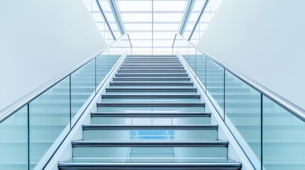 Obraz premium Manifest and vision concept, A modern staircase leads upward, illuminated by natural light filtering through a glass ceiling, creating a bright and airy atmosphere.