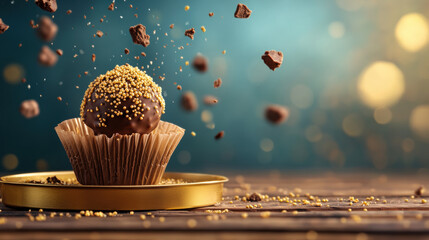 Sweet and candy, A chocolate truffle covered in colorful sprinkles, displayed on a golden surface, showcasing high fidelity details in a vibrant image.
