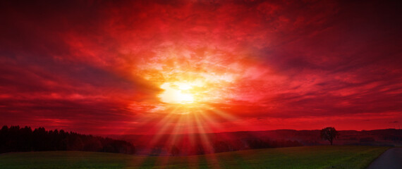 Abstract red sunset background with copy space .