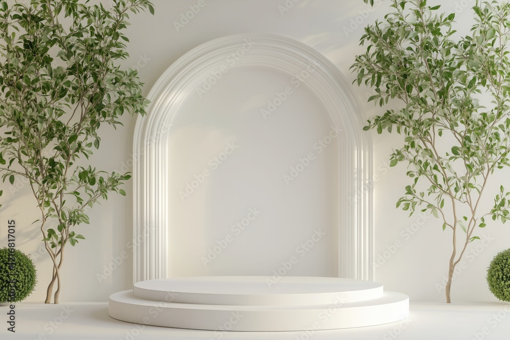 Poster elegant podium setup with lush greenery and minimalistic design for event presentation