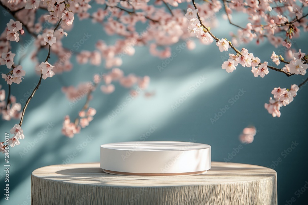 Poster minimal product display podium with cherry blossom branches in elegant setting