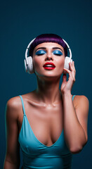 Fototapeta premium woman with headphones, listening to music, eyes closed