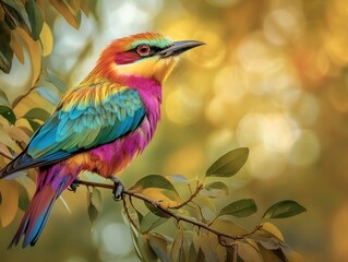 Obraz premium Colorful bird perched on branch, with blurred nature background, suitable for wildlife content