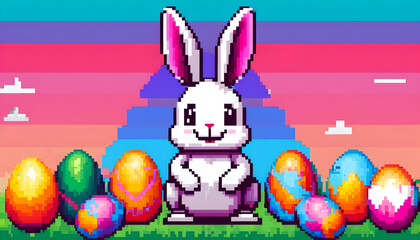 easter bunny with eggs vintage pixel art