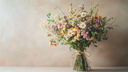 A bouquet of fresh wildflowers tied with twine, styled on a neutral table picture