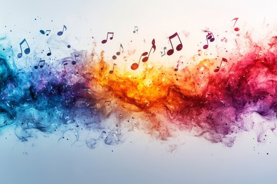 Music composition with colorful floating notes blending into vibrant abstract art