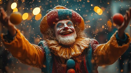 Joyful snow-covered clown juggling outdoors at night