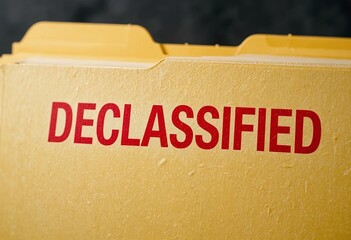 Close-up of a declassified file folder with bold red text on a textured yellow surface, symbolizing information disclosure and transparency.