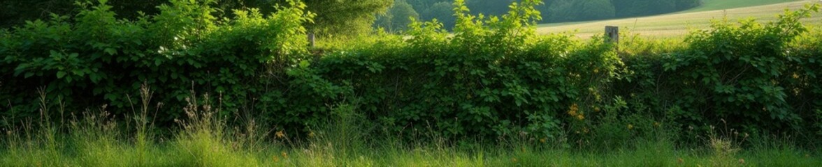 Obraz premium Dense thickets of brambles obscure a weathered wooden fence, countryside, fence