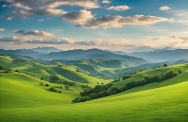 Fototapeta premium Countryside Landscape with Green Fields and Majestic Mountains