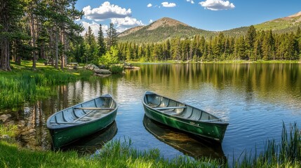 Obraz premium Scenic Mountain Landscape with Two Rowboats Anchored by a Serene Lake Surrounded by Lush Forest and Reflections