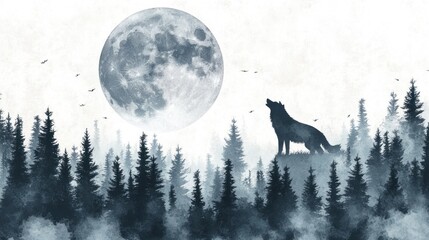 Serene Night in the Forest: A Lone Wolf Howls Under the Full Moon's Glow