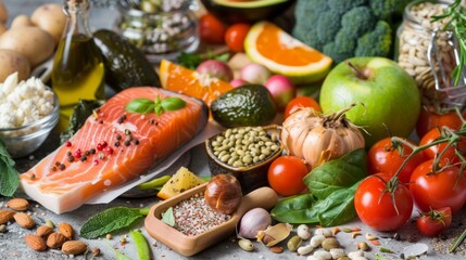 Composition of fresh produce: fish, vegetables, fruits and nuts, useful for cooking blogs, healthy eating sites and food advertising.