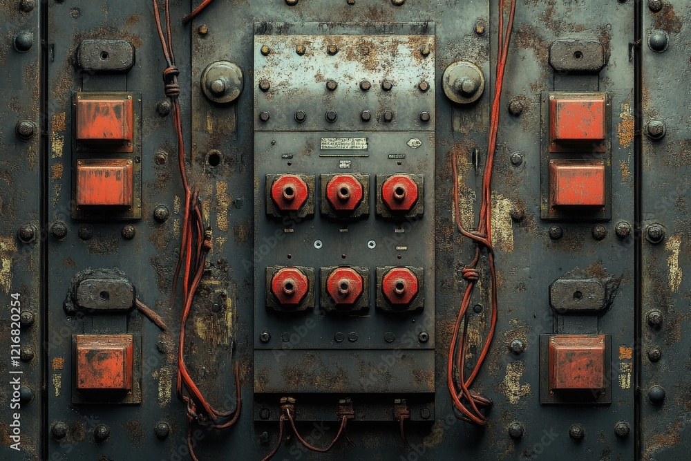 Poster close-up of electrical panel with red switches and wires . a close-up view of a panel featuring intr