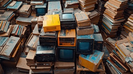 Old Televisions and Books Stacked High Together