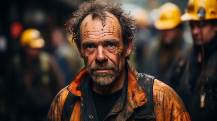 Obraz premium A miner in a soiled orange jacket, with a group of miners in yellow helmets behind