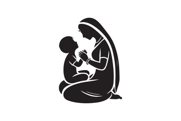 simple and unobtrusive mom and baby child vector silhouette illustration isolated in white background. Happy Mother's Day