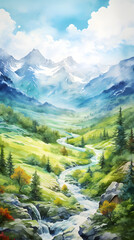 Digital watercolor forest landscape abstract graphic poster background