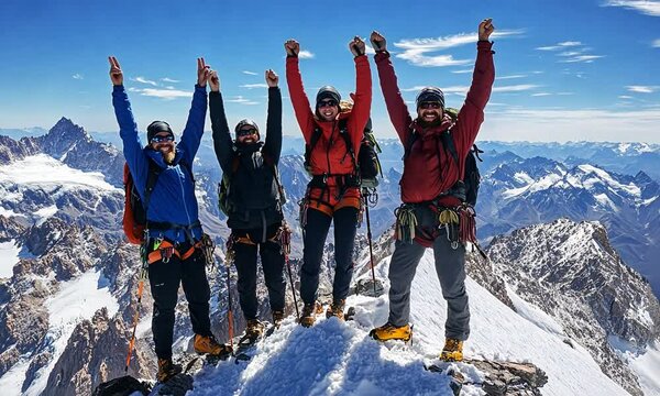 Group of climbers celebrating at mountain summit with peaks