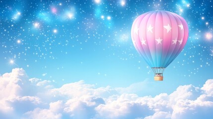 Fototapeta premium Pastel Pink and Blue Hot Air Balloon Ascending Through Starry Sky