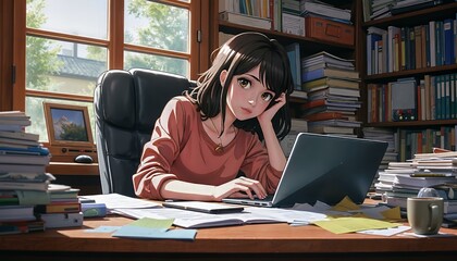 Young Asian woman focused on her laptop in a cozy, cluttered study.