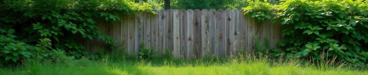Fototapeta premium Dense thickets of brambles obscure a weathered wooden fence, wood, fence