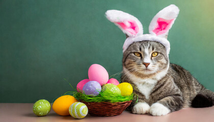 cat with easter eggs and bunny ears
