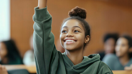 Happy Young Girl Engaging in Classroom Learning by Raising Hand in Multicultural School Environment
