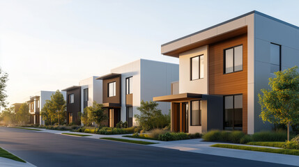 Modern residential houses line quiet street, showcasing sleek architecture and greenery. warm sunlight enhances inviting atmosphere.