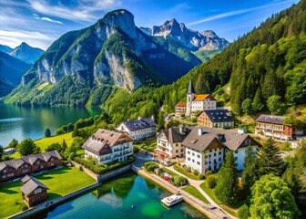 Naklejka premium Aerial View of Ebensee Resort Architecture, Austria - Stunning Mountain Scenery