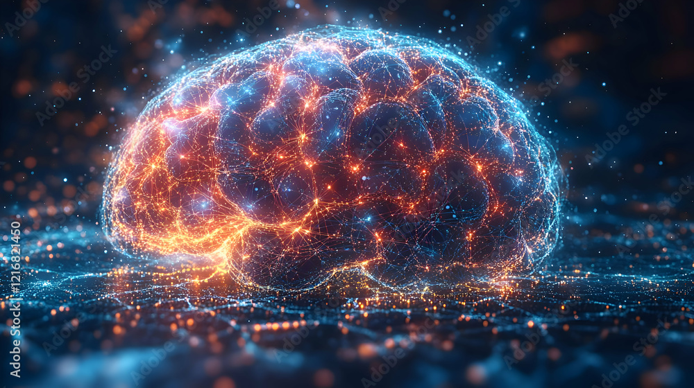 Poster glowing human brain neural network: abstract representation of cognitive function