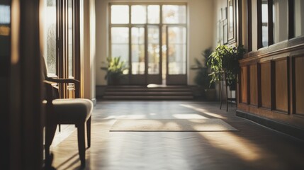 Sunlit hallway with wooden floor, armchair, plants, and large windows.