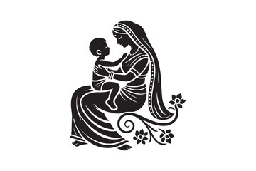 simple and unobtrusive mom and baby child vector silhouette illustration isolated in white background. Happy Mother's Day
