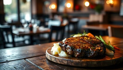 Rustic table surface with steak and mashed potatoes. Classic steakhouse bokeh background.