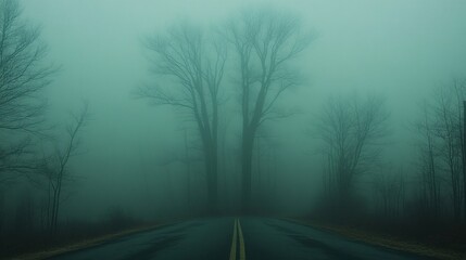 Obraz premium Foggy road, trees, winter landscape, mystery, travel