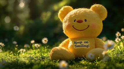 Fototapeta premium Smiling Teddy Bear in Sunny Meadow: A Joyful, Soft Image
